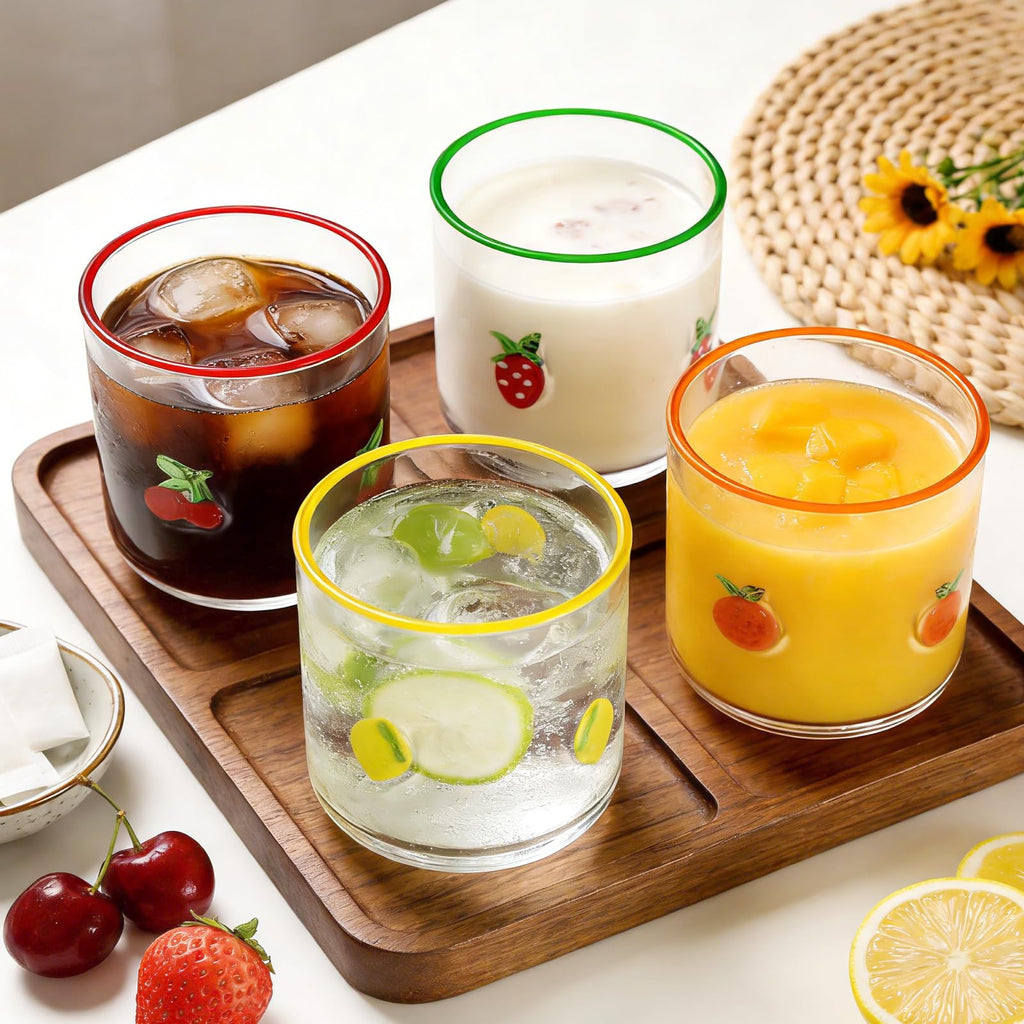 Whaline 4Pcs Fruit Icon Juice Glass 14 Oz Wine Glass Strawberry Lemon Cherry Orange Stemless Cocktail Drinking Cups for Home Party Favors Supplies