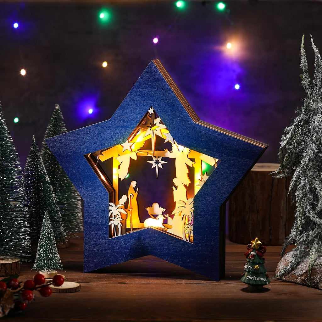 Skiennix Wooden Nativity Scene Set - Rustic Christmas Tabletop Decoration with LED Lights | Blue & White
