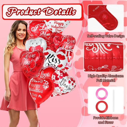 36 Pcs Valentine’s Day Heart Balloons, 18 Inch Heart Foil Balloons, Happy Valentine’s Day Romantic Love Mylar Balloon for Birthday, Engagement, Wedding, Anniversary Party Supplies