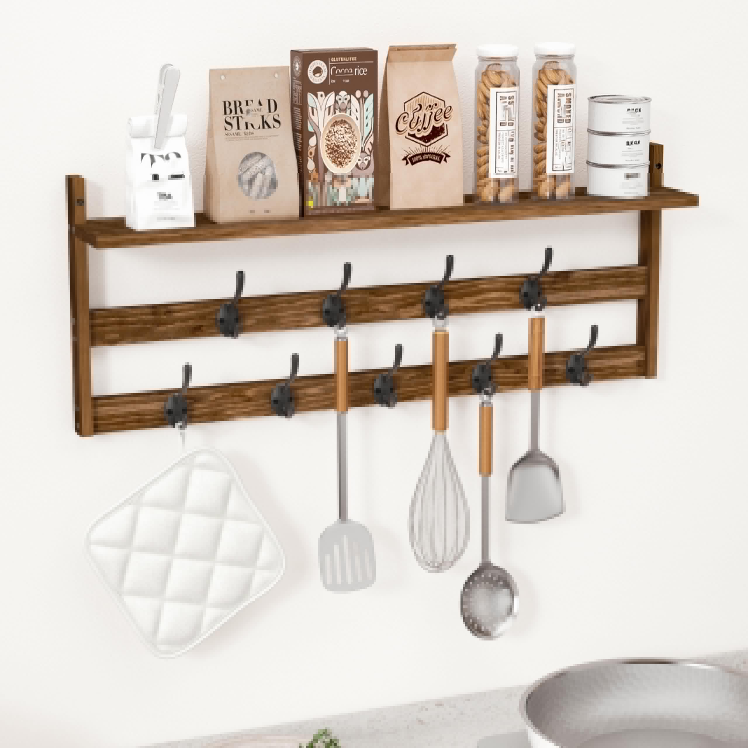 AMBIRD Coat Rack Wall Mount with Shelf, 29" Coat Hooks Wall Mounted with 9 Metal Hooks for Entryway, Bathroom, Bedroom, Living Room, Kitchen, 2 Tier Wall Hooks for Clothes, Hat, Towel, Key, Purse