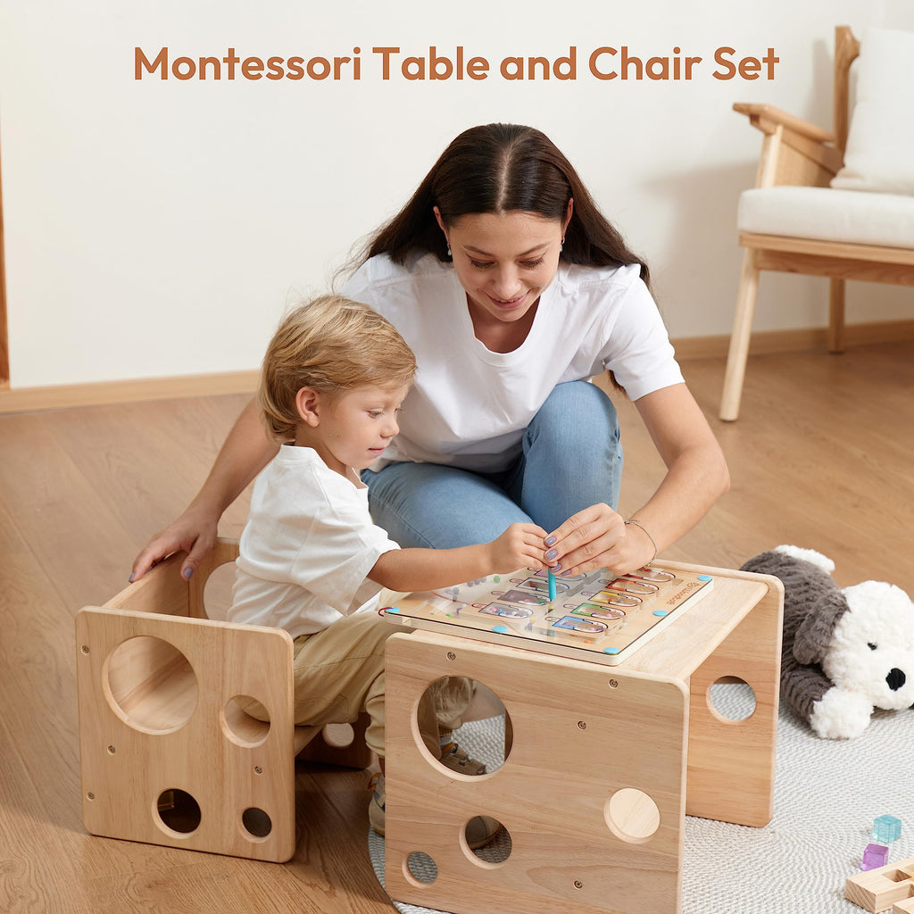 Woodtoe Montessori Weaning Table and Chair Set, Adjustable Toddler Table and Chair, Solid Wood Activity Table, Ideal for Learning, Mealtime and Play, Montessori Furniture for Baby Kids Boys Girls 1-3