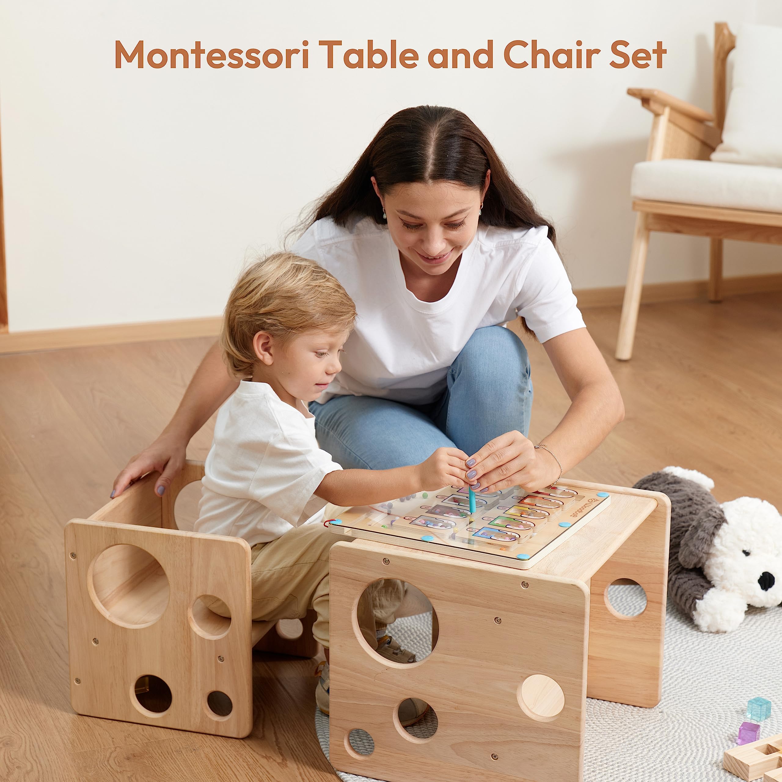 Woodtoe Montessori Weaning Table and Chair Set, Adjustable Toddler Table and Chair, Solid Wood Activity Table, Ideal for Learning, Mealtime and Play, Montessori Furniture for Baby Kids Boys Girls 1-3