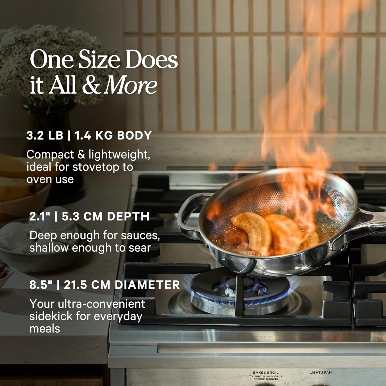 Our Place Mini Titanium Always Pan Pro - 8.5" PFAS-Free Nonstick Frying Pan with Spatula | Chef-Grade Tri-Ply Stainless Steel & Aluminum | Induction & Oven-Safe up to 750°F | Gold