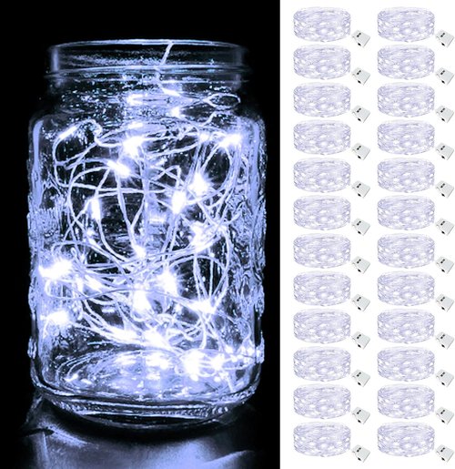 Btfarm Fairy Lights - 24 Pack Battery Operated 7ft 20 LED Twinkle Lights | Waterproof Silver Wire for Mason Jars & Wedding Decor - Cool White