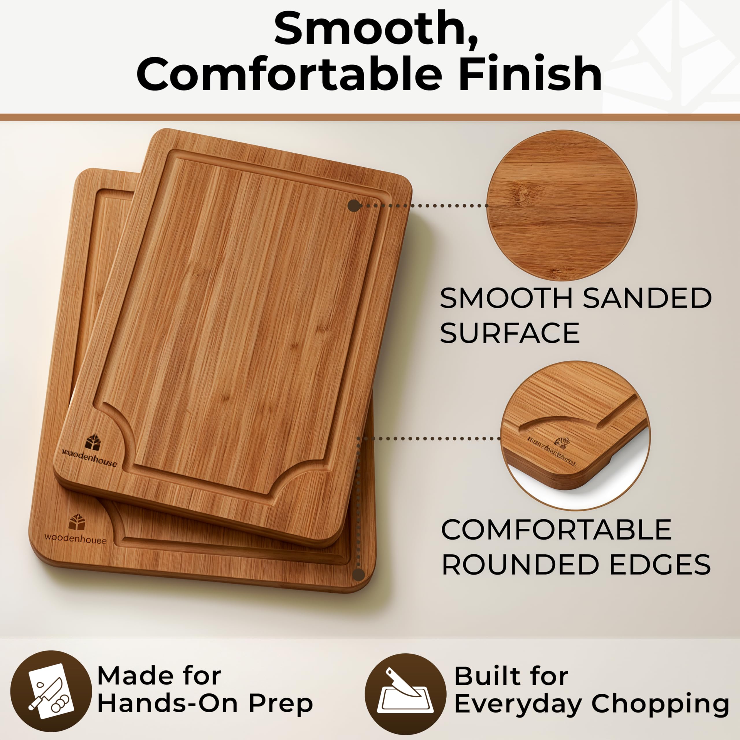 Wood Cutting Board Set of 3 with Holder - Sturdy & Easy to Clean Bamboo Wooden Cutting Boards for Kitchen - 3 Sizes of Chopping Board with Juice Grooves for Meal Prep, Everyday Use, Housewarming Gift