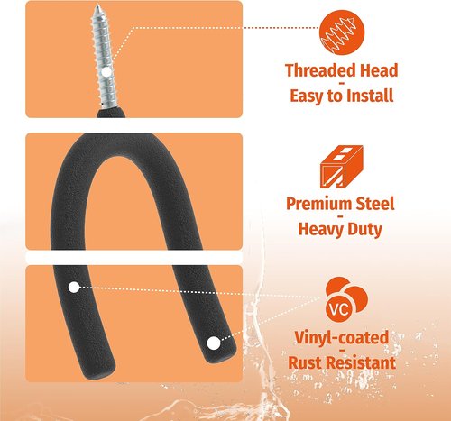 HUHOLE 16-Pack U Hooks - Multi-Purpose Vinyl Coated Steel Wall Organizers for Tools & Home Items | Black