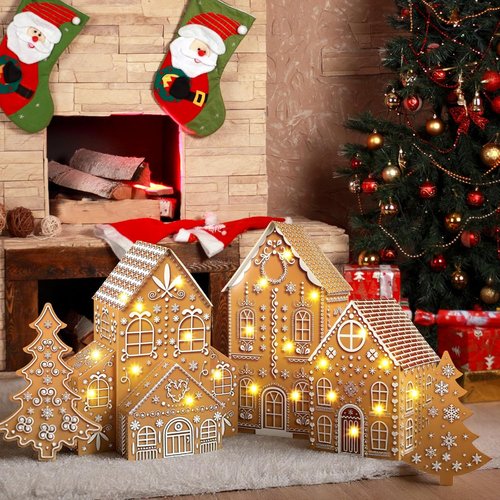 Ctosree Gingerbread House Kit - Large Cardboard Christmas Village with Lighted Trees | Holiday Decor