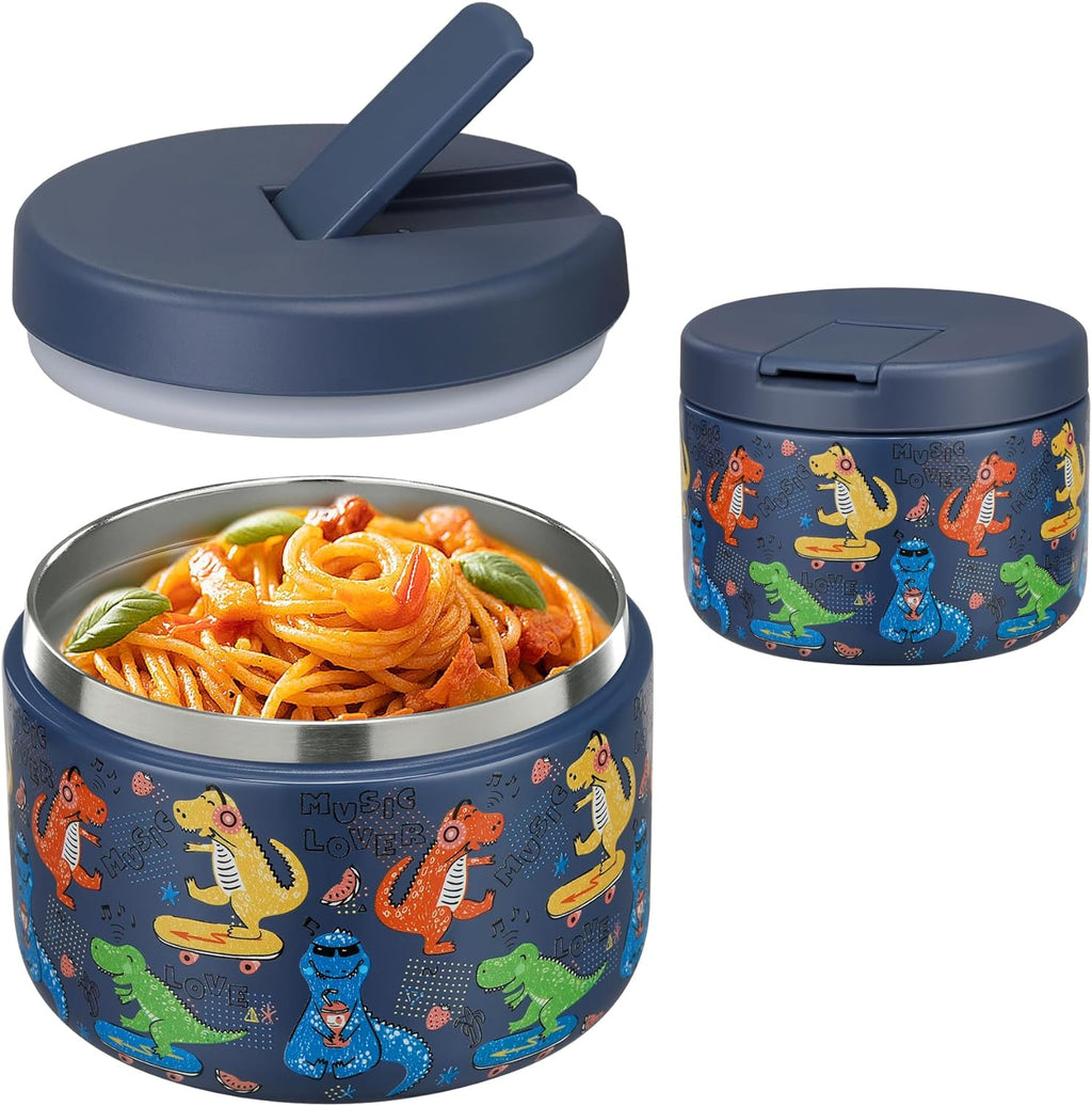 Pawtong Insulated Vacuum Food Jar - 12oz Leakproof Stainless Steel Lunch Container for Kids | Blue Dinosaur
