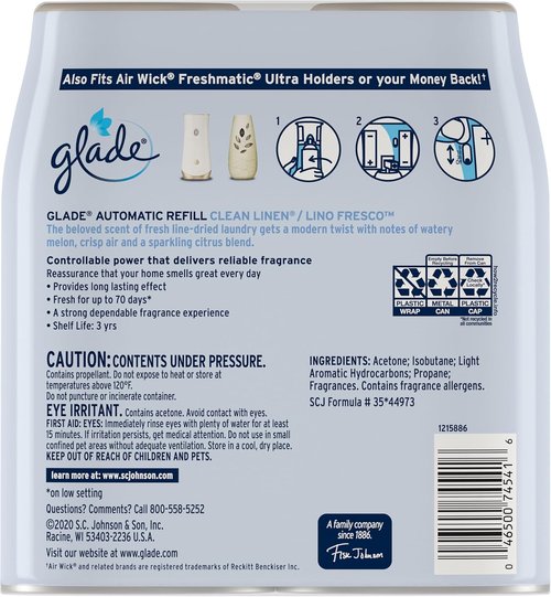 Glade Automatic Spray Air Freshener Refill - Clean Linen Scent | 6.2 Oz, 2 Count for Home & Bathroom