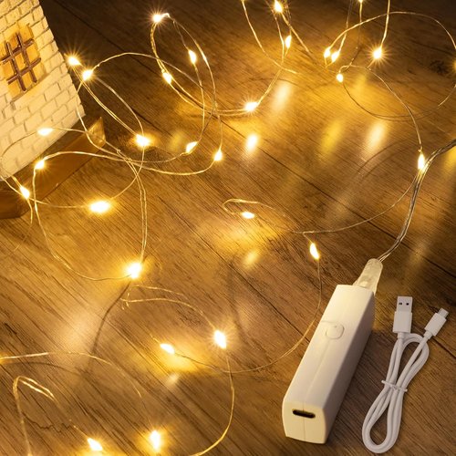 Lakumu LED Fairy Lights - Rechargeable Twinkle String Lights with Timer | 5M/16FT Warm White for Bedroom, Wedding, Decor