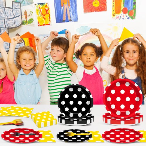 96 Pcs Mouse Color Paper Plates and Napkins Mouse Party Decorations Red Black Yellow Polka Dot Tableware Set Cartoon Dessert Disposable Dinnerware for Boys Girls 24 Guests Party Supplies