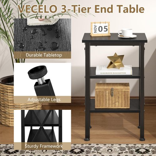 VECELO End Table, 24" Tall Living Room Side Tables, X-Design Reinforced Bedside Table, Nightstands with 3-Tier Storage Shelves for Small Spaces, Office, Bathroom, Bedroom, Classic Black, 1 Pack