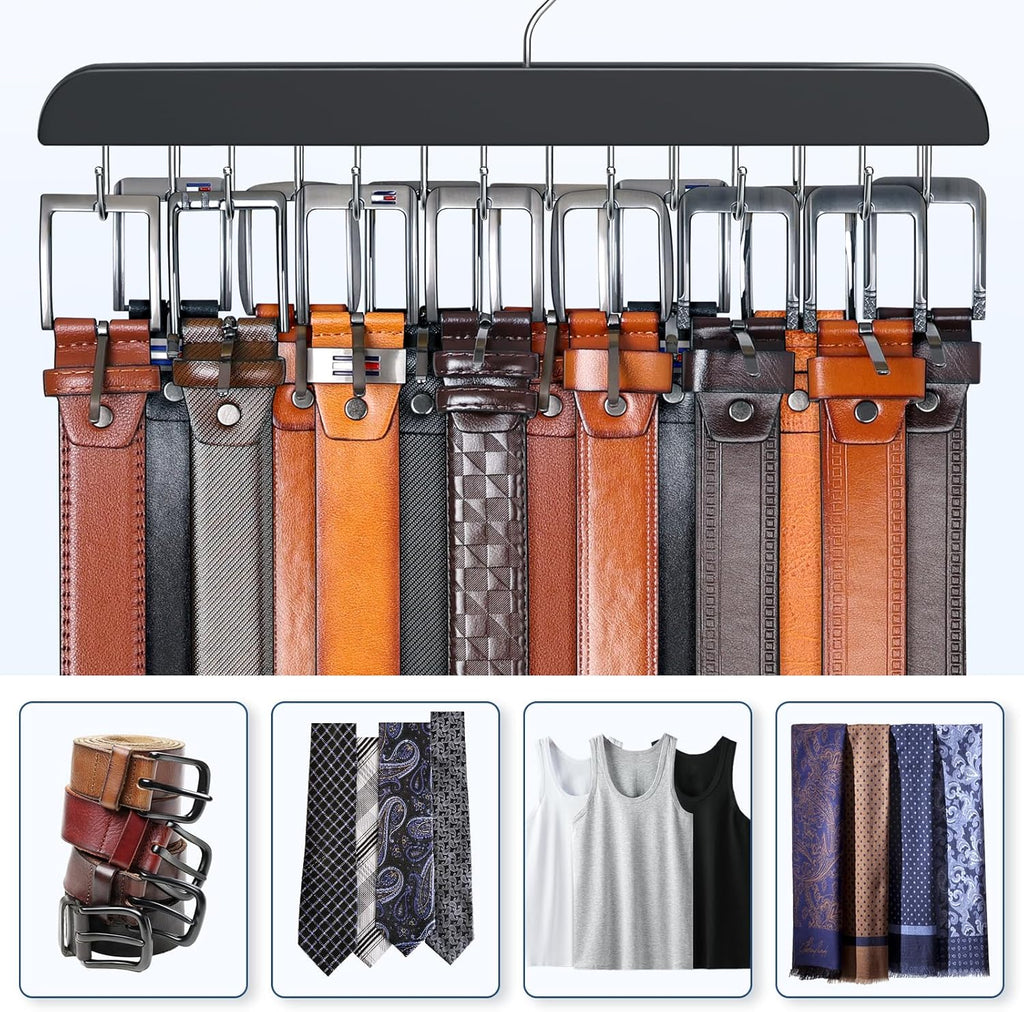 Skiennix Belt Hanger - Sturdy Wood Belt Rack Organizer with 14 Hooks | Max 42 Belts - Black