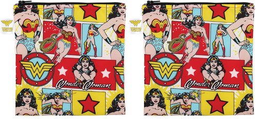 Bumkins Reusable Sandwich and Snack Bags, DC Comics Wonder Woman for Kids Lunch Bags and for Adults, Washable Fabric, Cloth Zip Bag, Dishwasher-Safe, Food-Safe (Pack of 2)