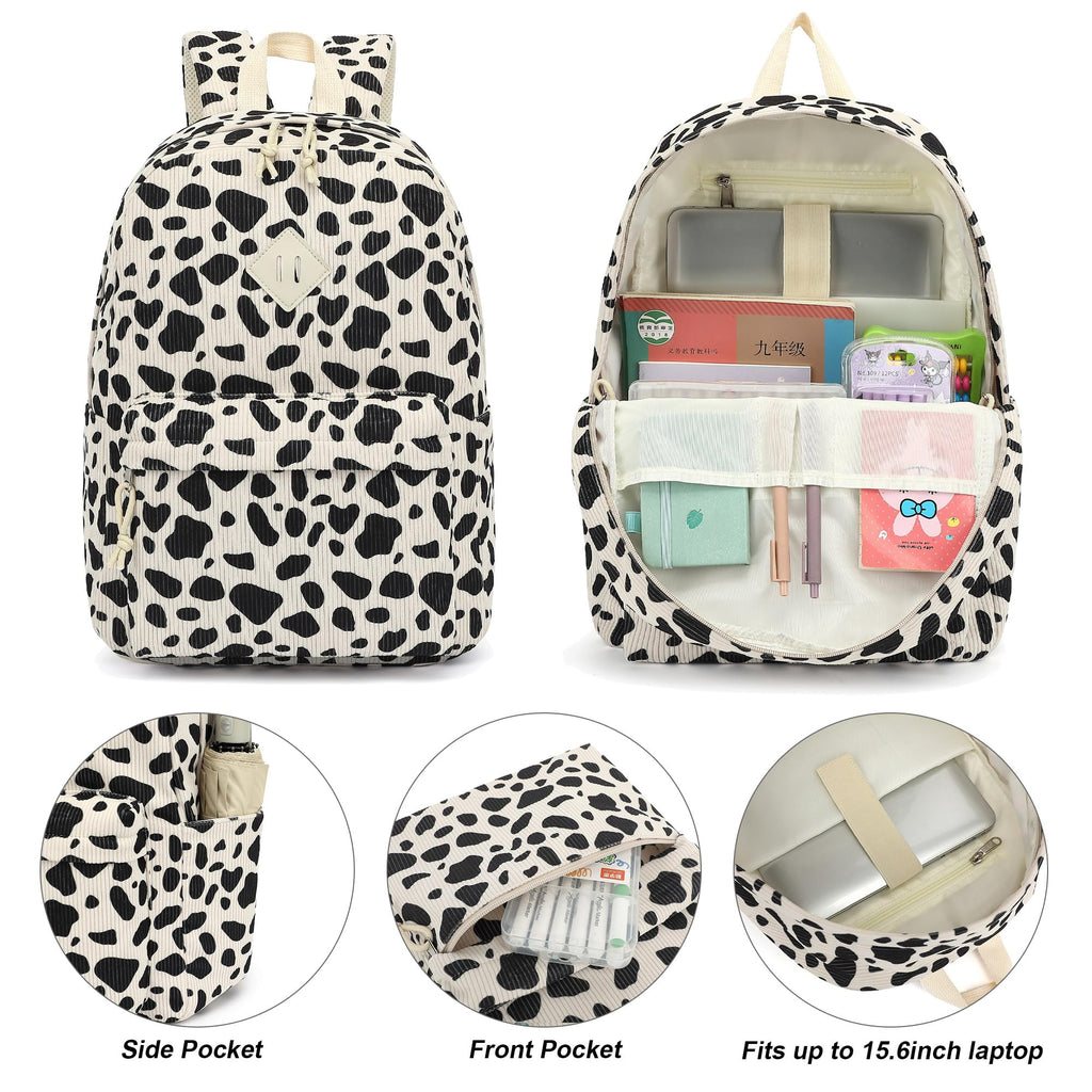 Yusudan Corduroy Girls Backpack Set, 3PCS School Backpacks for Kids Elementary Middle School Bags with Lunch Box Pencil Case (Beige Corduroy Cow Print)