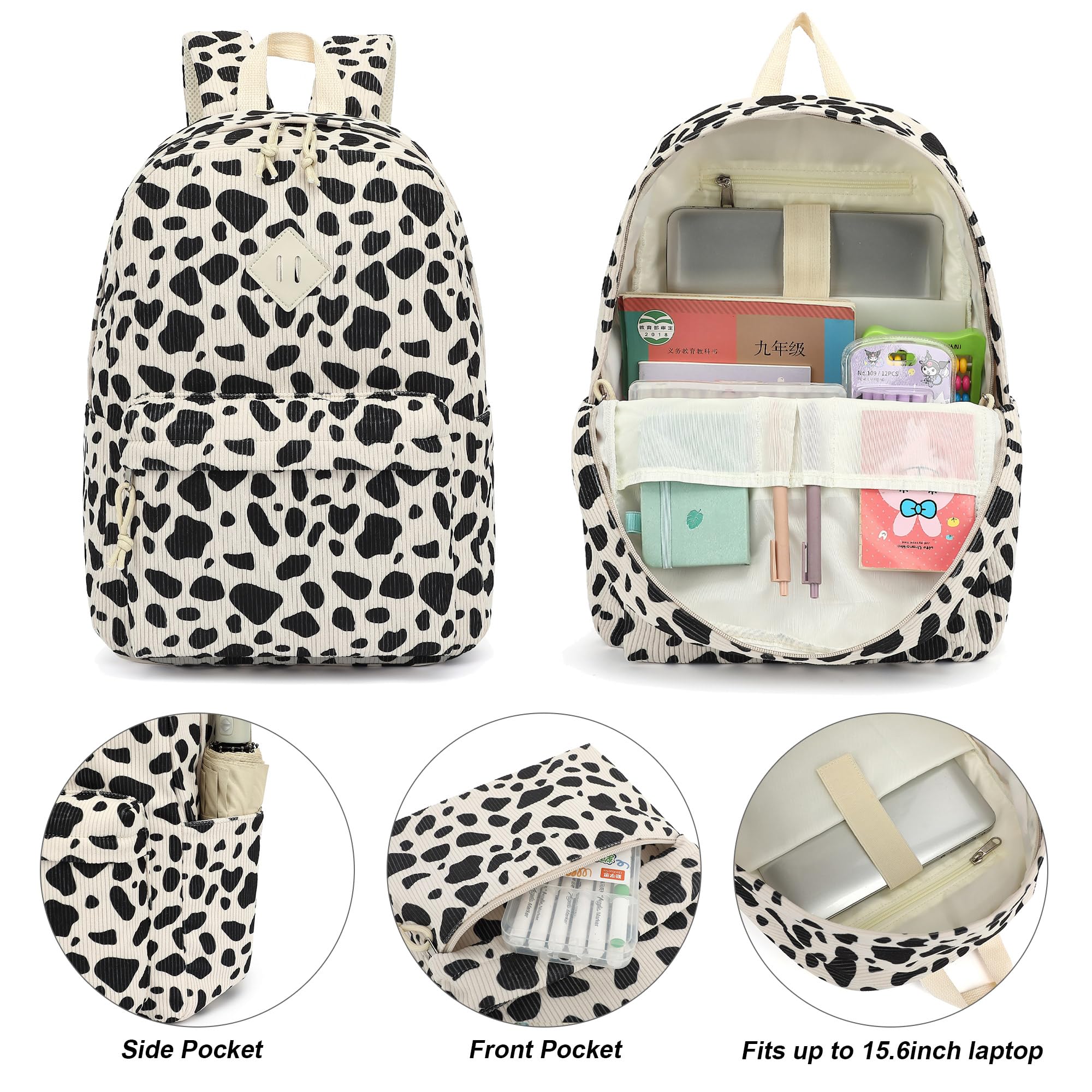 Yusudan Corduroy Girls Backpack Set, 3PCS School Backpacks for Kids Elementary Middle School Bags with Lunch Box Pencil Case (Beige Corduroy Cow Print)