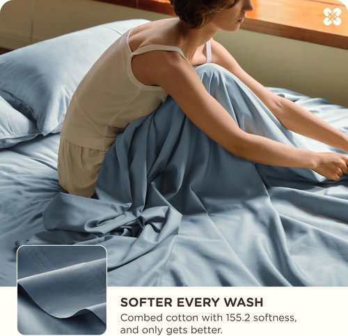 Bedsure Bamboo Viscose Cooling Sheets - Breathable & Buttery Soft Queen Size Set | Deep Pocket, Dusty Blue