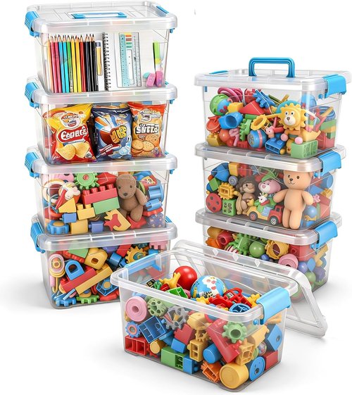 Jetec 8-Pack Clear Plastic Storage Bins - Stackable Organizers with Lids & Blue Handles | 6.5 Qt, 11.02 x 7.48 x 6.02''