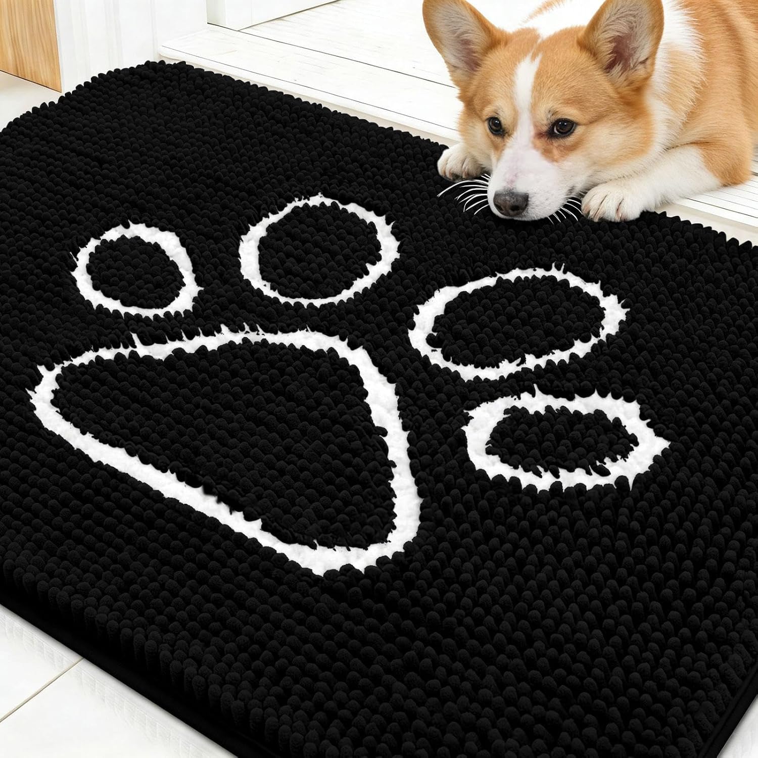 OLANLY Dog Door Mat - Absorbent Non-Slip Mud Mat for Muddy Paws | 30x20 Black Paw Print Design