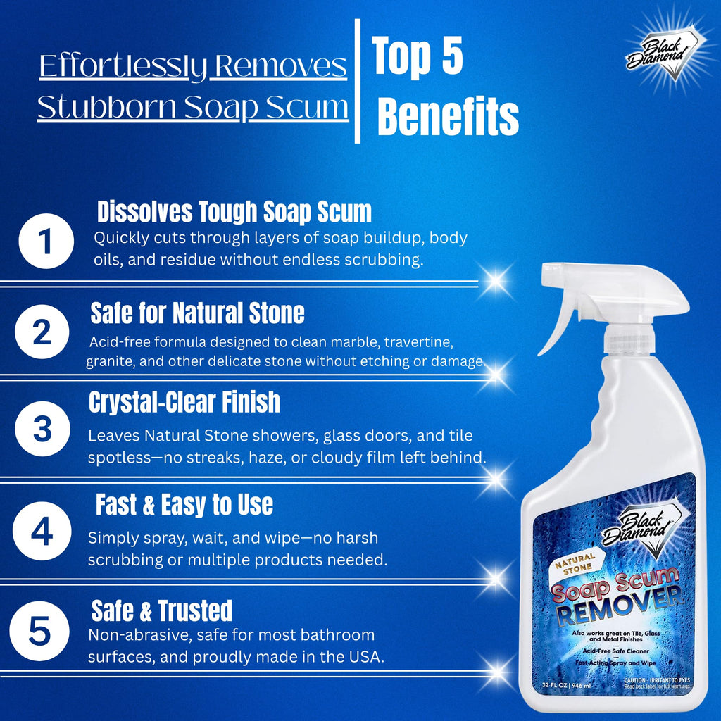 Black Diamond Stoneworks Natural Stone Shower Soap Scum Remover Spray. For Cleaning Bathtubs, Glass Doors, Tubs, Travertine, Marble, Tile. Heavy Duty, Safe Acid-Free Cleaner. Safe for fixtures.