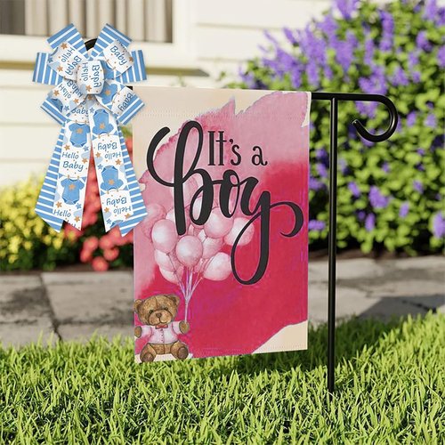 Estivaux Large Baby Shower Bows - Blue Striped Burlap Wreath Bows for Gender Reveal & Baby Boy Celebrations