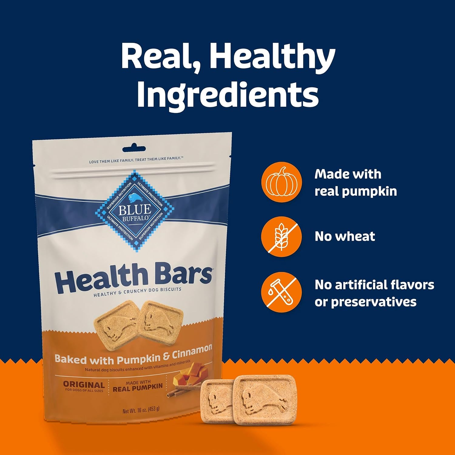 Blue Buffalo Crunchy Dog Biscuits - Oven-Baked Health Bars with Pumpkin & Cinnamon | 16 oz Bag