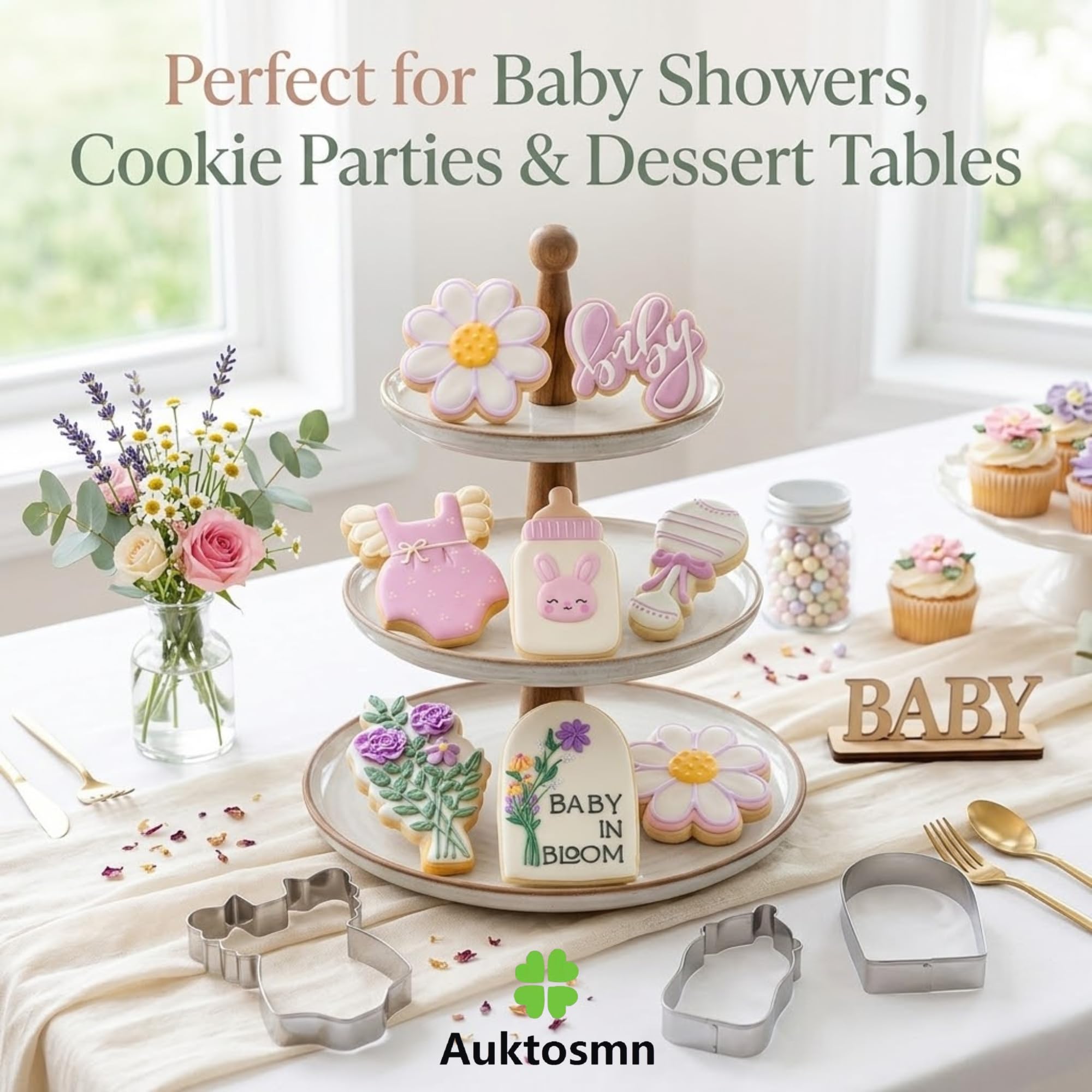 Auktosmn Wildflower Baby Shower Cookie Cutters Set - 7-Piece - Stainless Steel - Dishwasher Safe - Perfect for Baby in Bloom Baby Girl Baby Shower