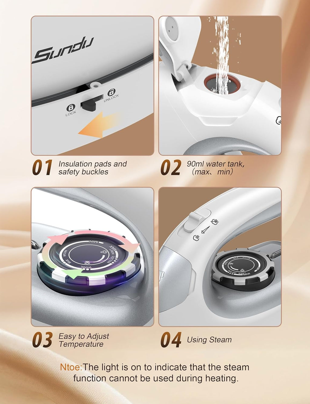 Sundu 1000W Mini Travel Steam Iron - Portable Quilting & Sewing Iron with Non-Stick Soleplate, 90ml Tank, Digital Temperature Control | Silver Grey