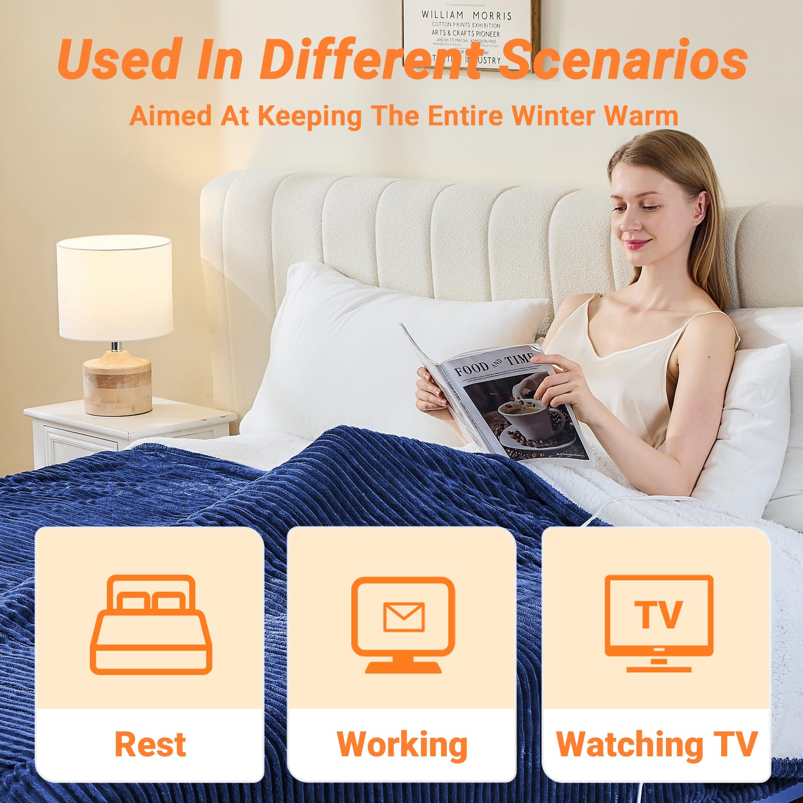 Qieryun Heated Blanket Electric Throw, Soft Flannel Heating Blanket with 8 Hours Auto Off 10 Fast Heating Levels Machine Washable Sherpa Heated Blanket with Overheating Protection