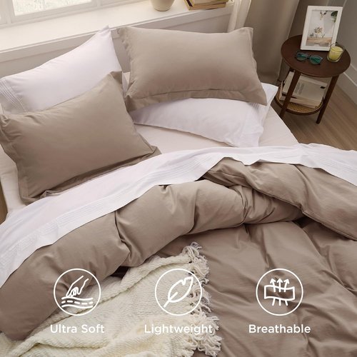 Bedsure Khaki Duvet Cover Set | Extra Soft Prewashed Cotton-Like Polyester | Queen Size 3-Piece 90x90 Inches with Zipper Closure