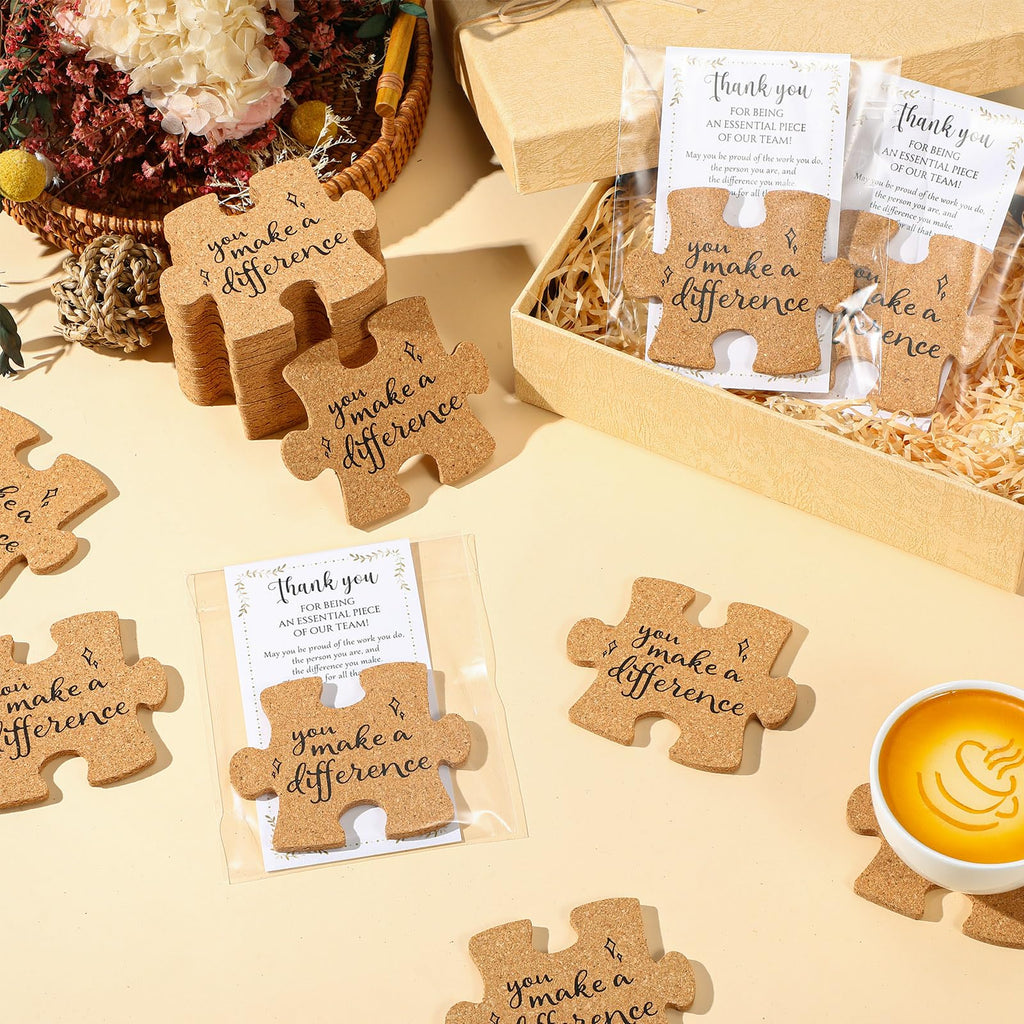 Hushee Inspirational Gift for Coworker Motivational Puzzle Piece Coasters Employee Appreciation Gifts with Cards Bags for Social Worker Staff Office(60 Pcs,You Make A Difference)
