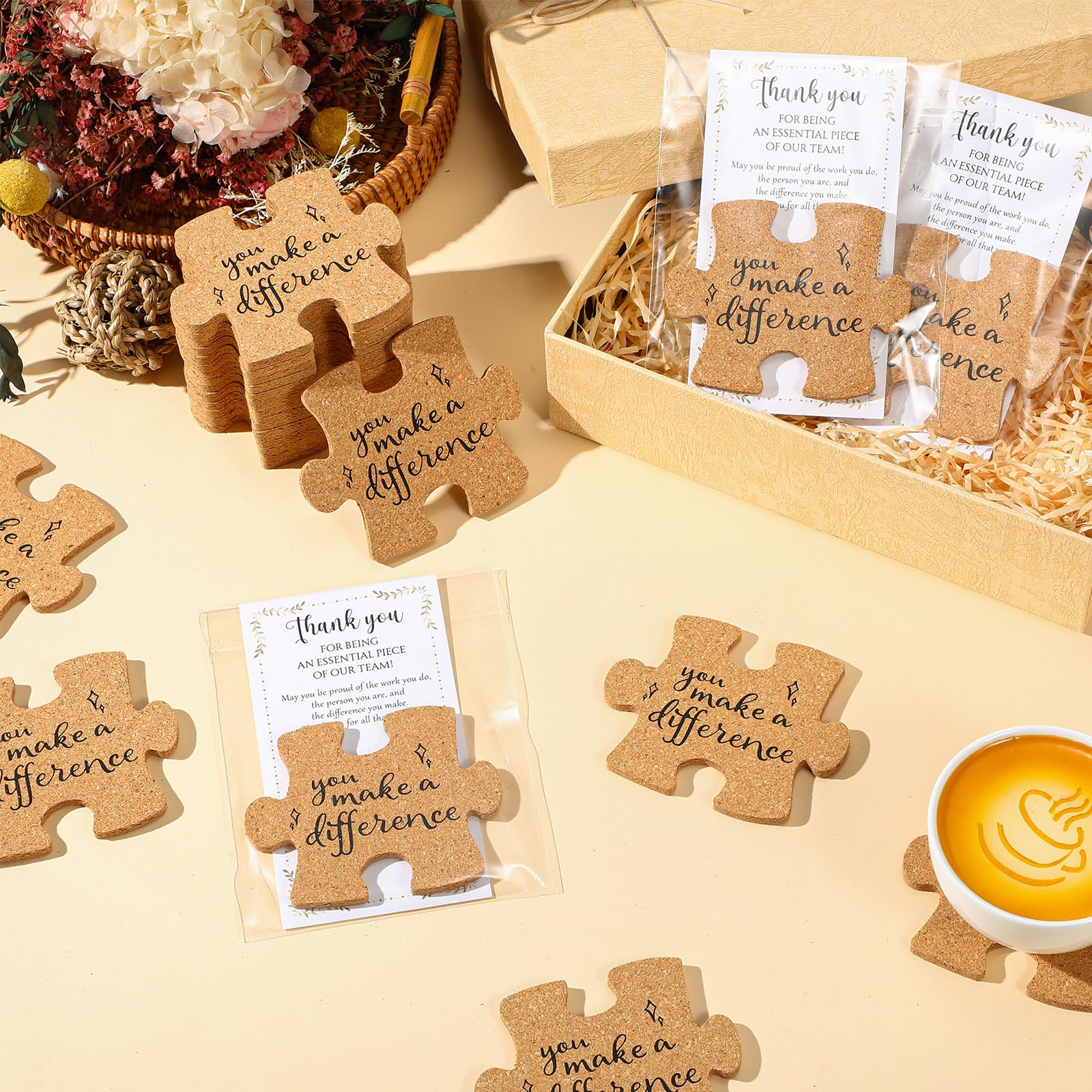 Hushee Inspirational Gift for Coworker Motivational Puzzle Piece Coasters Employee Appreciation Gifts with Cards Bags for Social Worker Staff Office(60 Pcs,You Make A Difference)