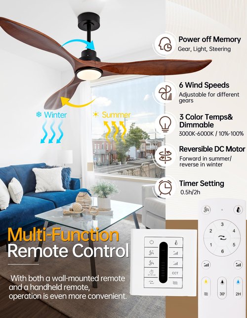 IKTYUW 52 Inch Solid Wood Ceiling Fans with Lights and Remote, 3 Blade Walnut Outdoor Ceiling Fans with Wall Control, Dimmable, 6 Speeds, Quiet DC Motor for Bedroom/Patios/Farmhouse/Living Room