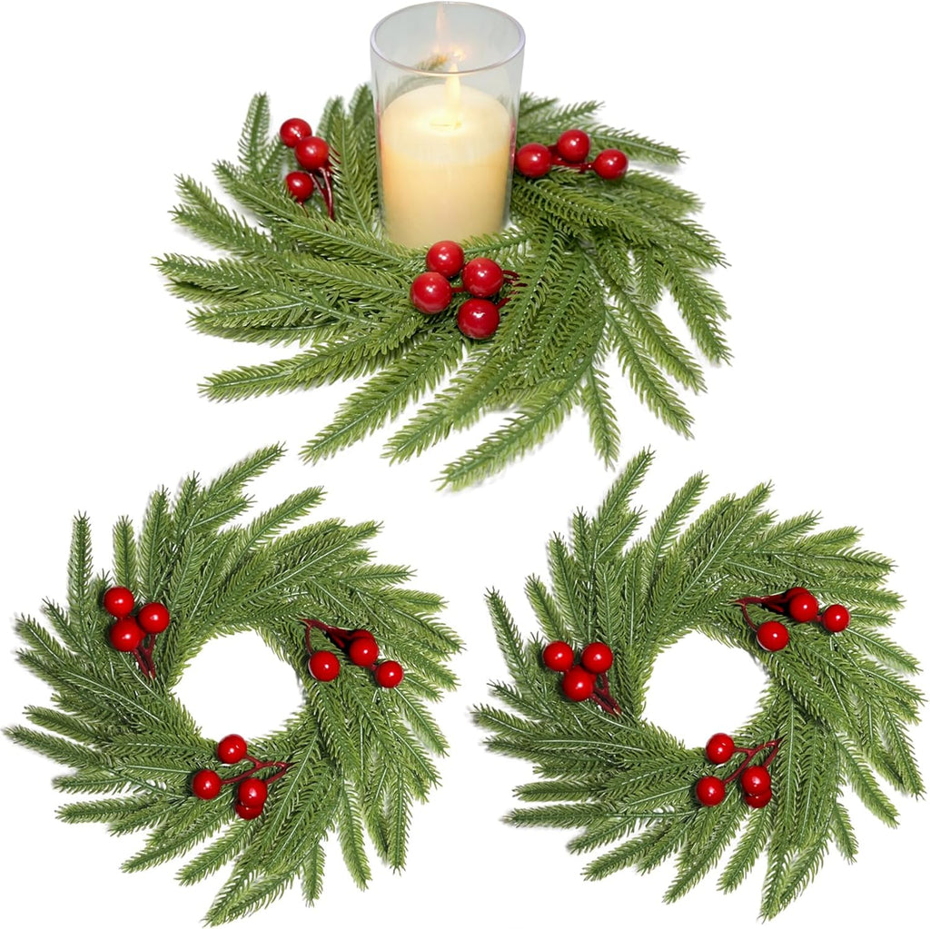 Norfolk Pine Candle Rings - 3Pcs Artificial Wreaths with Red Berry Accents | Festive Table Centerpieces