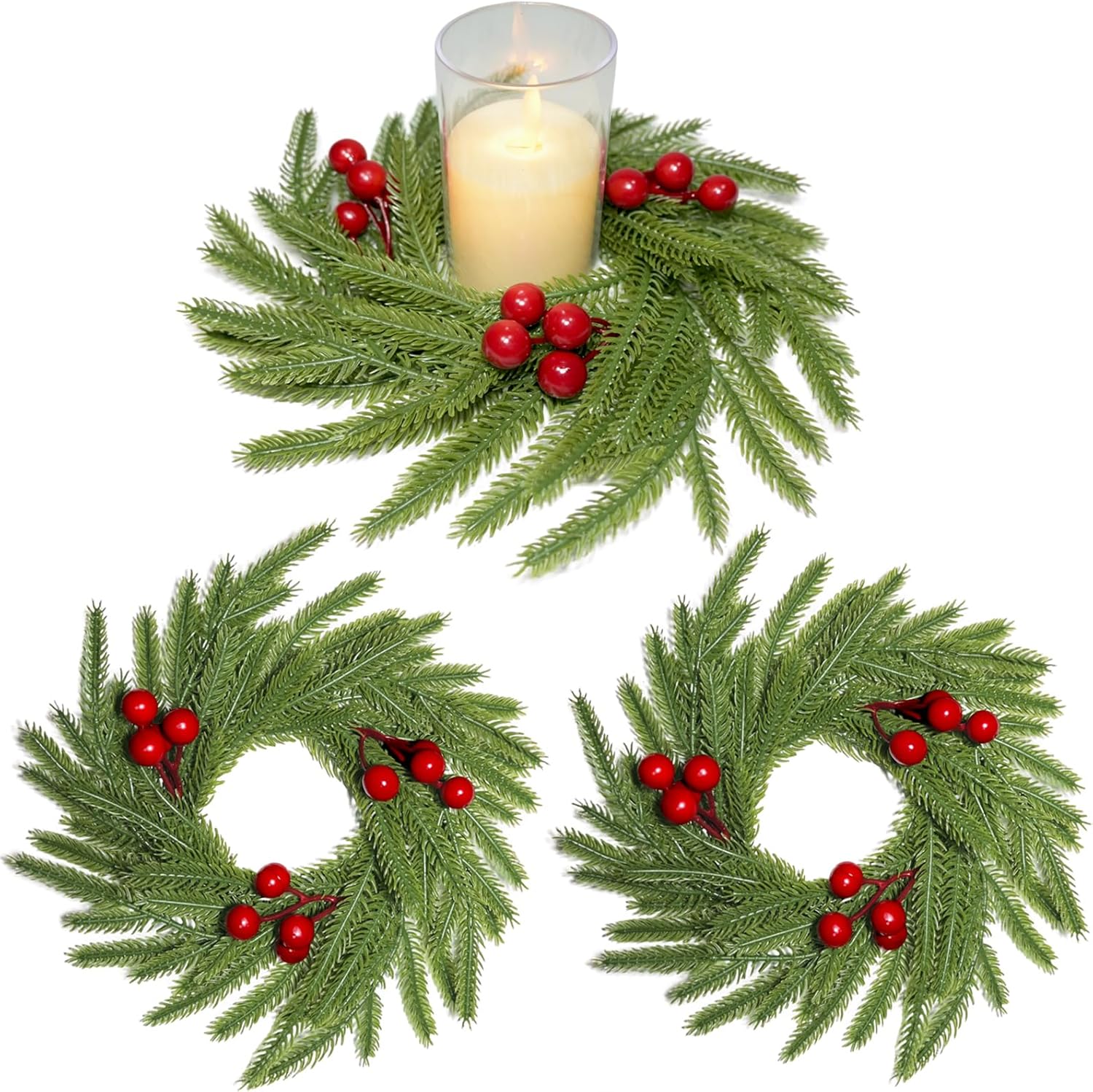 Norfolk Pine Candle Rings - 3Pcs Artificial Wreaths with Red Berry Accents | Festive Table Centerpieces