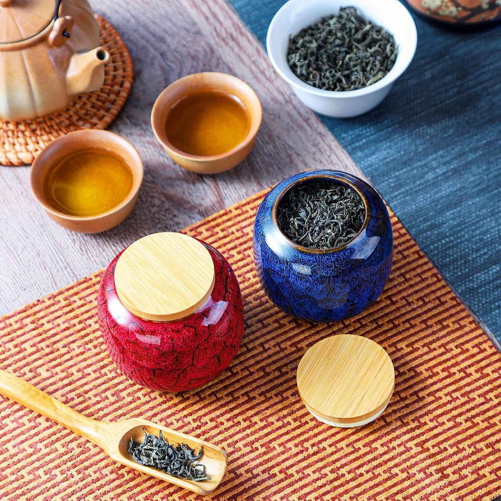 TkoYuHm 6oz Flambe Glaze Ceramic Loose Tea Canister Vintage Storage Jars with Airtight Wooden Lid Green Matcha Tin Container for Coffee Beans Condiments