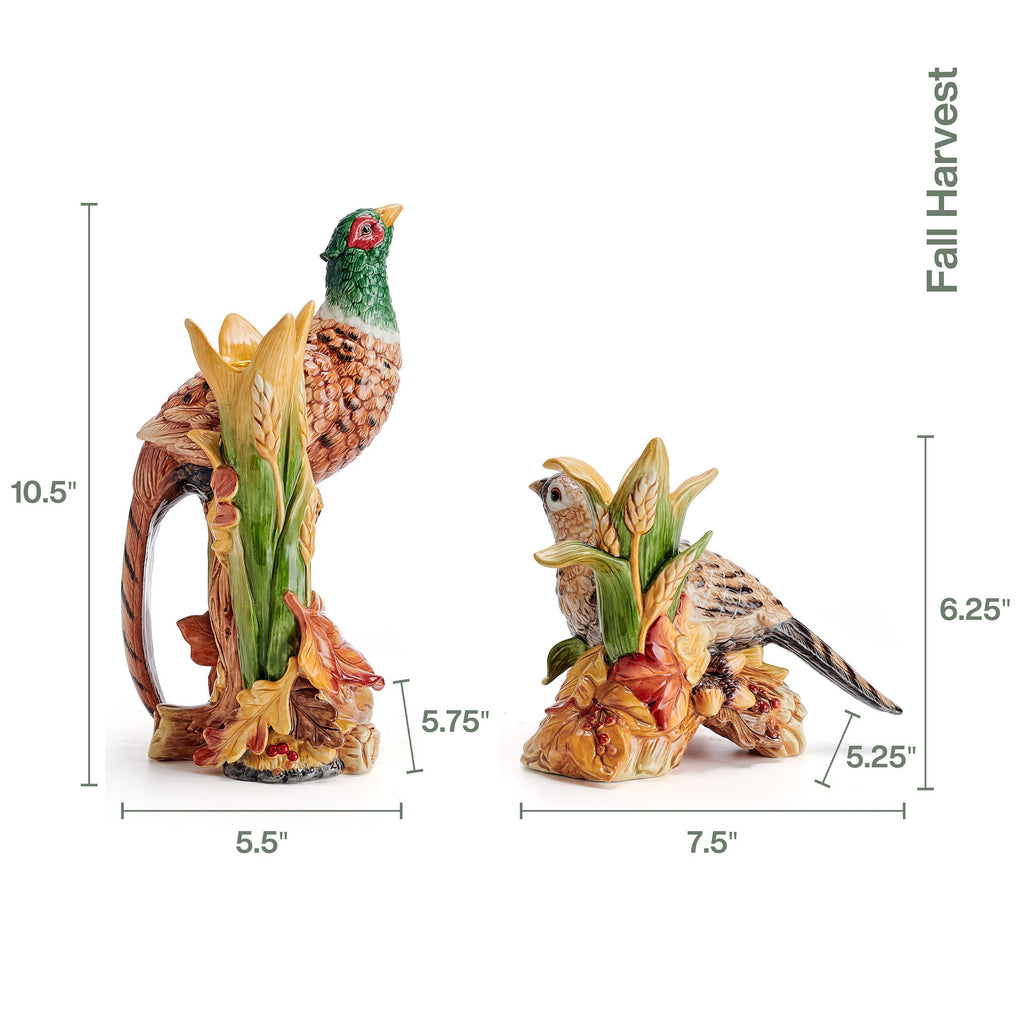 Fitz and Floyd Fall Harvest Pheasant Ceramic Figurine Candleholders, Set of 2, 10.5 and 6.25 inches Tall