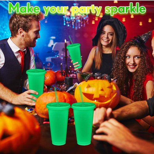 Honeydak 60 Pack 24 oz Glow in The Dark Cups Gift Bulk Light up Neon Plastic Tumbler with Straw and Lid Glow in The Dark Party Supplies Water Bottle Iced Coffee Mug Reusable(Fluorescent Green)