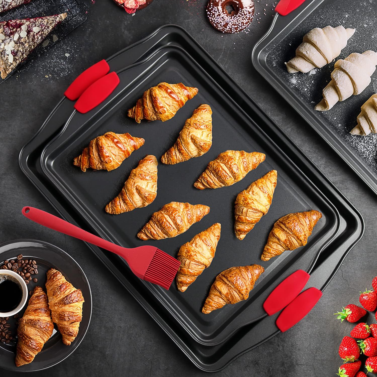 Skiennix Baking Sheet Set - 3-Piece Nonstick Cookie Sheets with Silicone Handles | Durable Steel Pans - Black