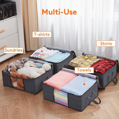 Lifewit 4-Pack Clothes Storage Bags - Foldable Closet Organizers with Clear Windows | Gray Fabric