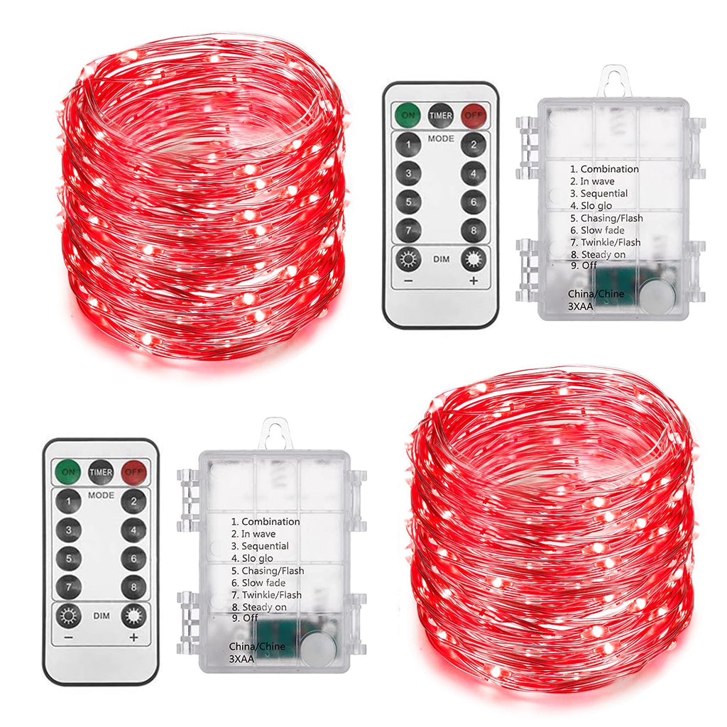 2 Pack Total 200 LED Fairy Lights Battery Operated String Lights with Remote & 8 Modes, 33FT Waterproof Copper Wire Battery Powered Twinkle Lights for Outdoor Christmas Parties Decoration Red
