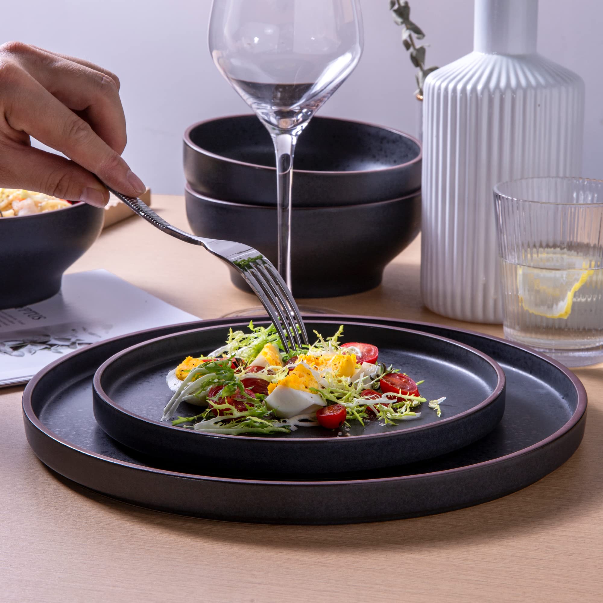 LERATIO Dinner Plates,Ceramic Dinner Plates Set of 6,10.75 inch Large ceramic plates,Modern Shape Dinnerware Dishes Set for Kitchen, Microwave & Dishwasher & Oven Safe-Coffee Rim