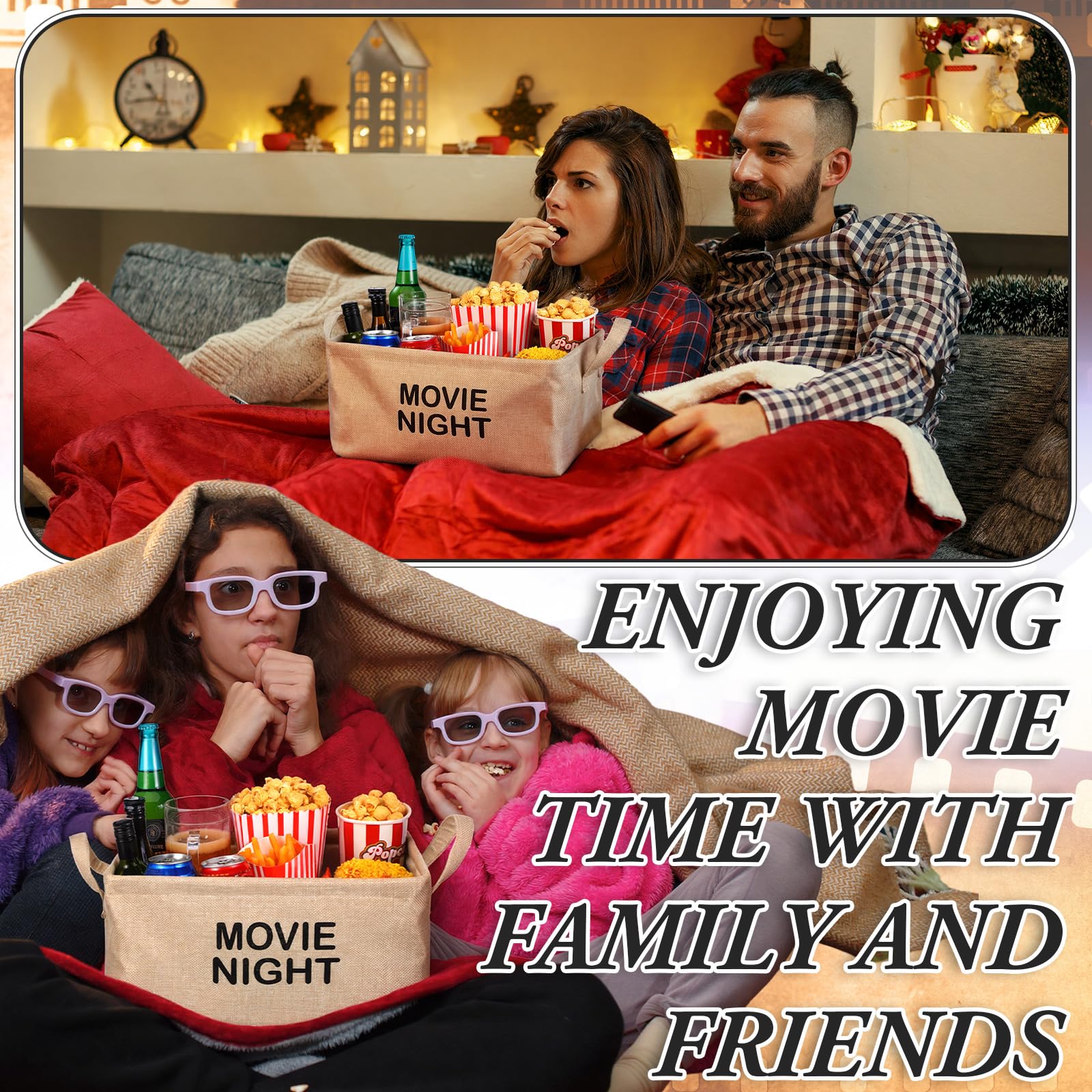 Gandeer Large Movie Night Snack Basket with Handles Movie Night Snack Tray Reusable Burlap Storage Organizer for Theater Popcorn Bucket Bowl Box Container Family Film Holiday Parties(Khaki, Classic)