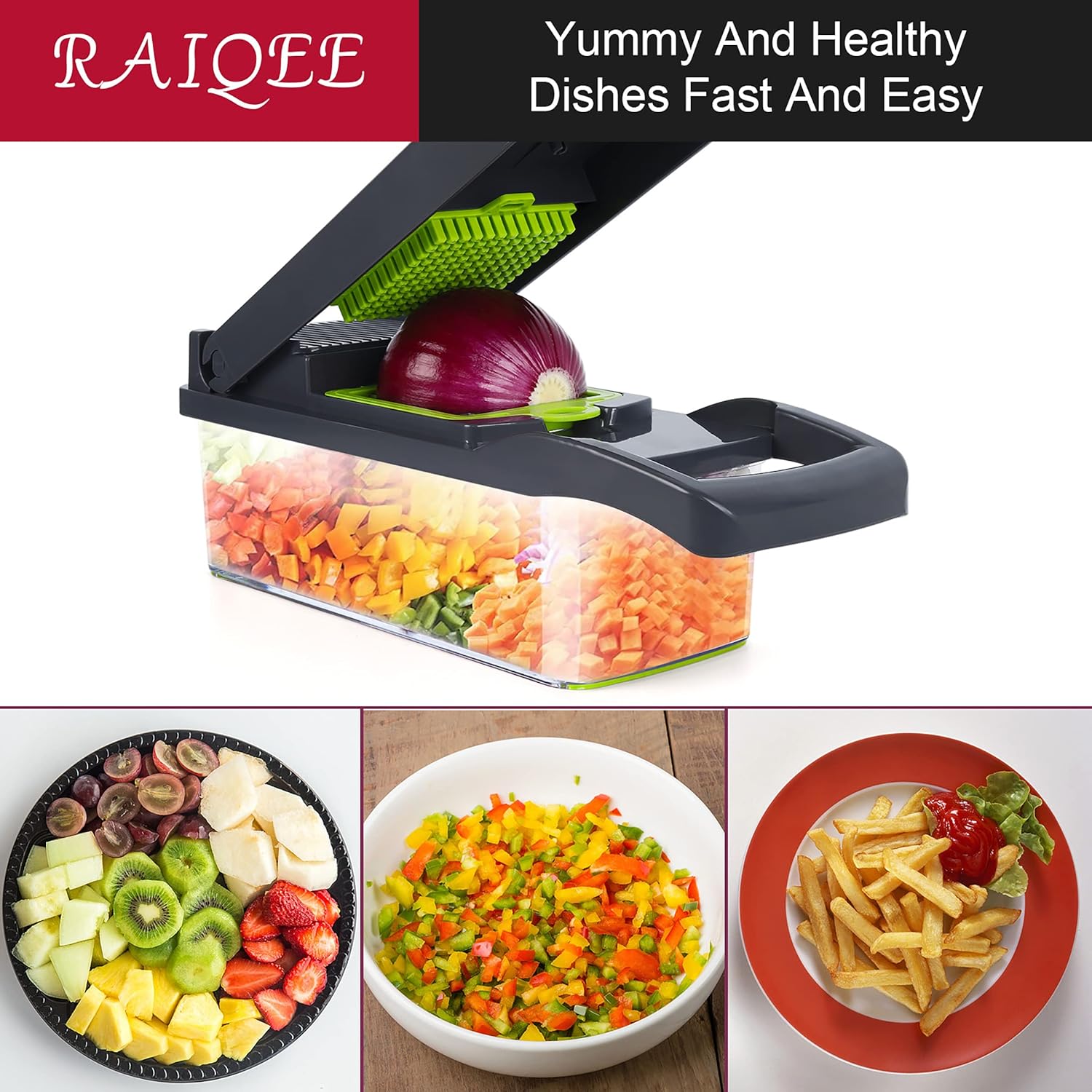 Skiennix Vegetable Chopper - Multifunctional 10-in-1 Mandoline Slicer & Dicer | Gray/Green Kitchen Gadget