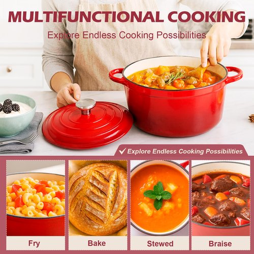 Hisencn Enameled Cast Iron Cookware Set - 2 PC Set of 5.5QT Dutch Ovens, 2QT Sauce Pan, Dutch Oven Set, Ceramic Coated Cast Iron, Heavy Duty, Gas/Induction Compatible,Red