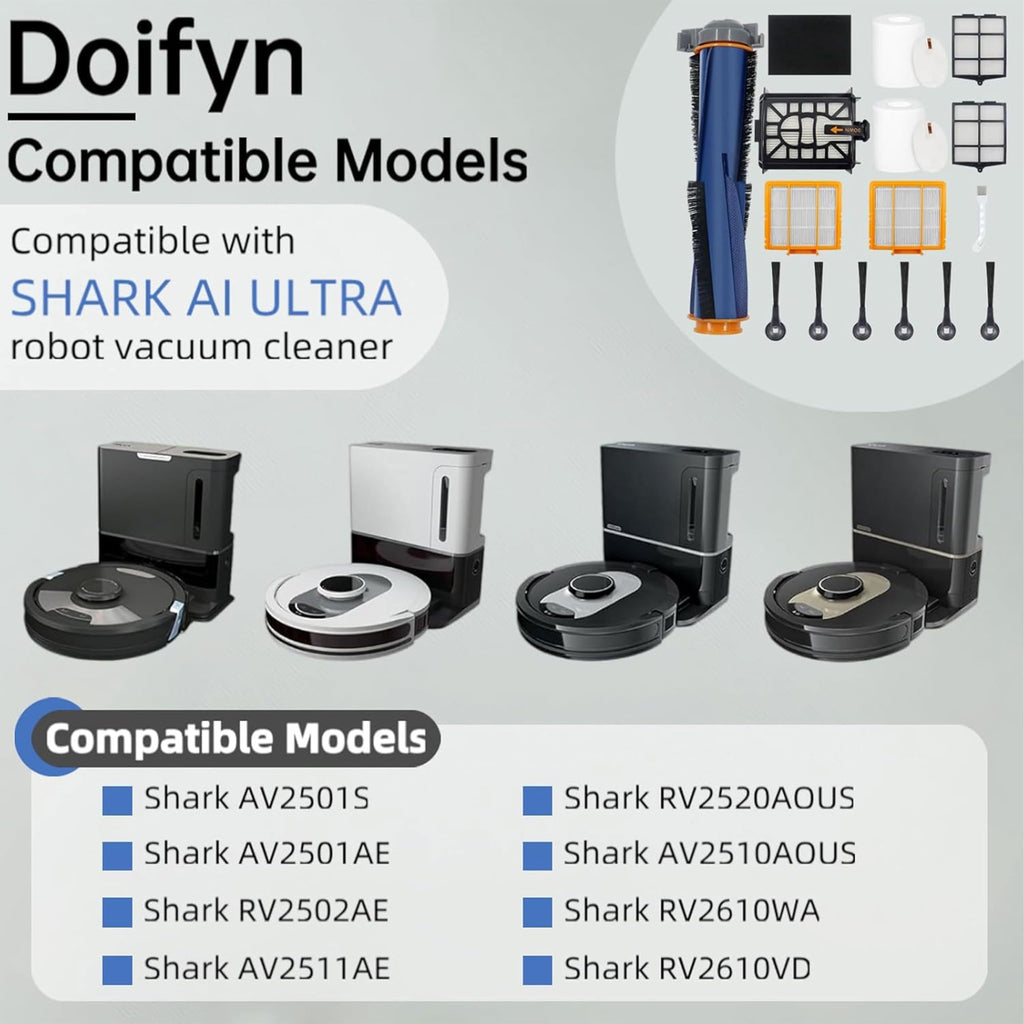 Replacement Parts Compatible with Shark AI AV2501S AV2511AE AV2501AE RV2502AE RV2610WA AV2510AOUS RV2520AOUS Robot Vacuum Cleaner, 1Main Brush, 2 motor pre-filters, 2Foam Filters, 6Side Brushes