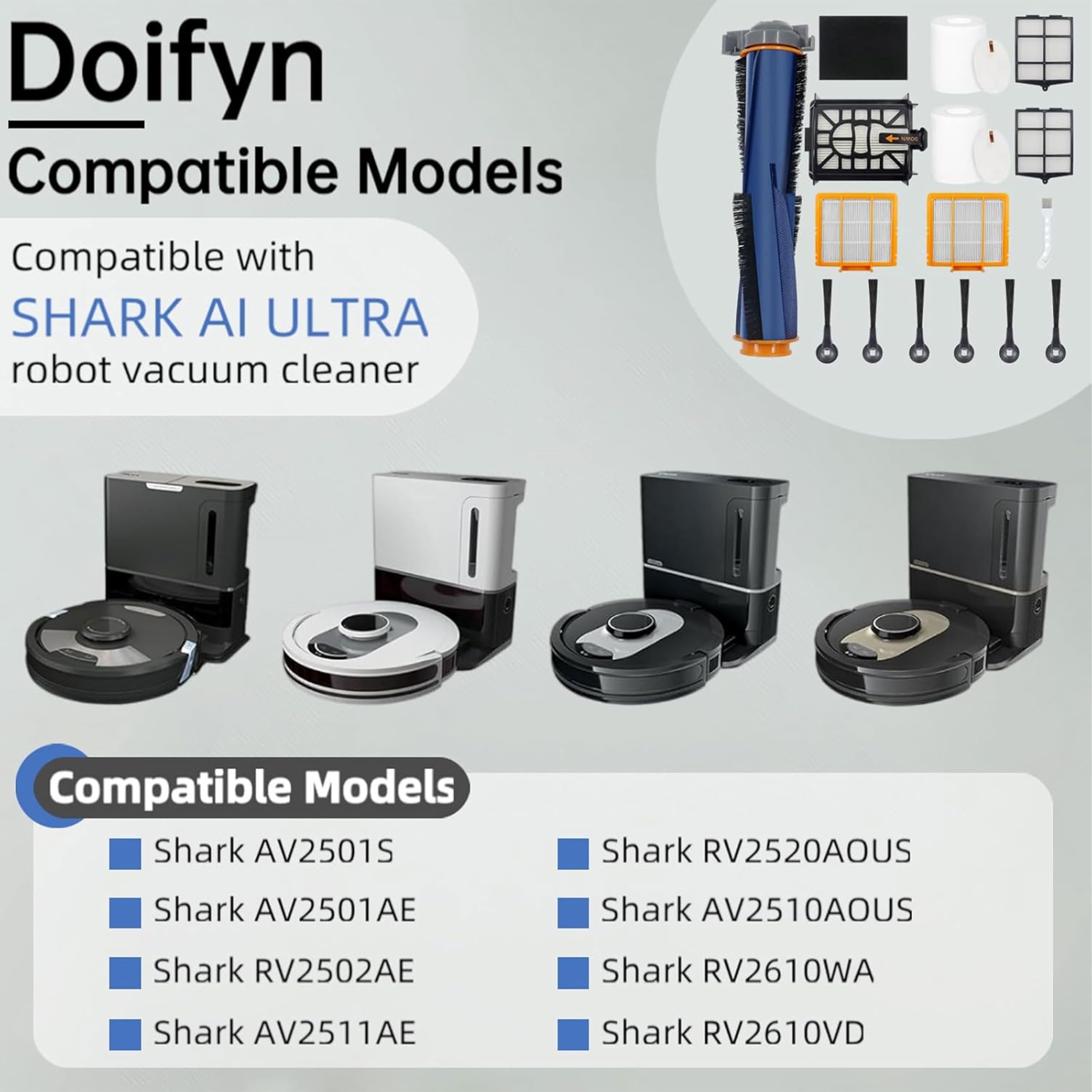 Replacement Parts Compatible with Shark AI AV2501S AV2511AE AV2501AE RV2502AE RV2610WA AV2510AOUS RV2520AOUS Robot Vacuum Cleaner, 1Main Brush, 2 motor pre-filters, 2Foam Filters, 6Side Brushes