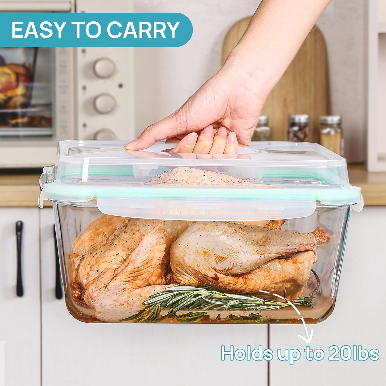 Vtopmart Extra Large Glass Food Storage Containers - 6.5L BPA Free with Airtight Snap Lids | Perfect for Roasting Turkey, Baking Casseroles, and Storing Fruits