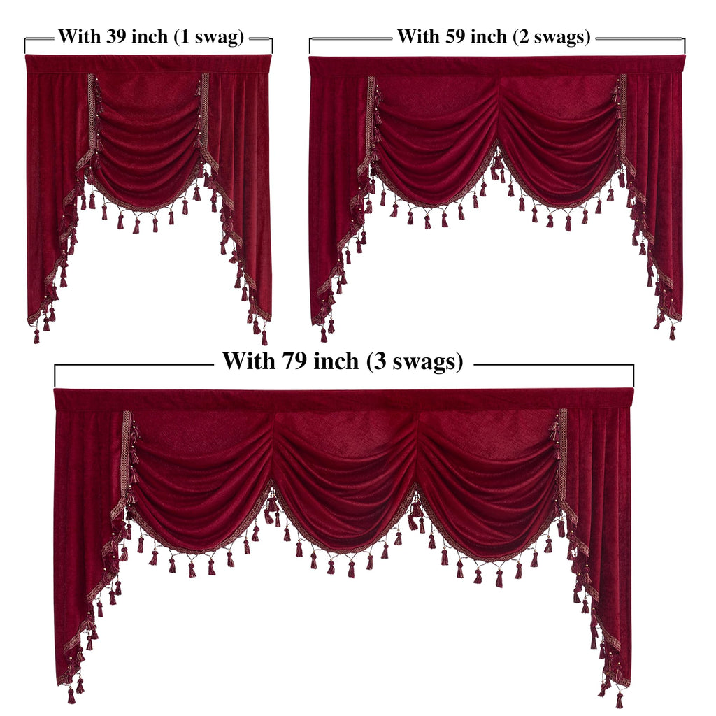 NICETOWN Blackout Kitchen Tier Curtains - Rod Pocket Waterfalll Valance/Swags for Basement Thermal Insulated Luxury Thick Chenille Curtain Valances for Bedroom (1 Panel, 39 Inches Wide, Red)