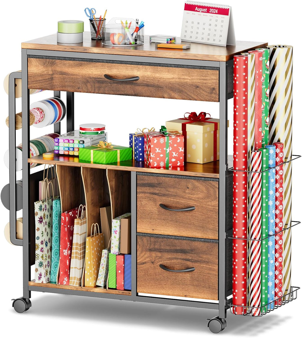 PUNLUXU Wrapping Paper Storage Cart - Rolling Gift Wrap Organizer with Ribbon & Bag Storage | Ideal for Crafts